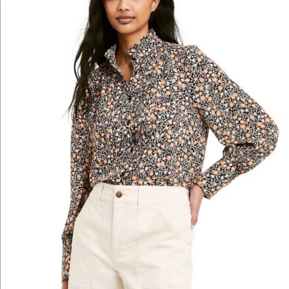 Women's Floral Print Long Sleeve Pleated Blouse XS